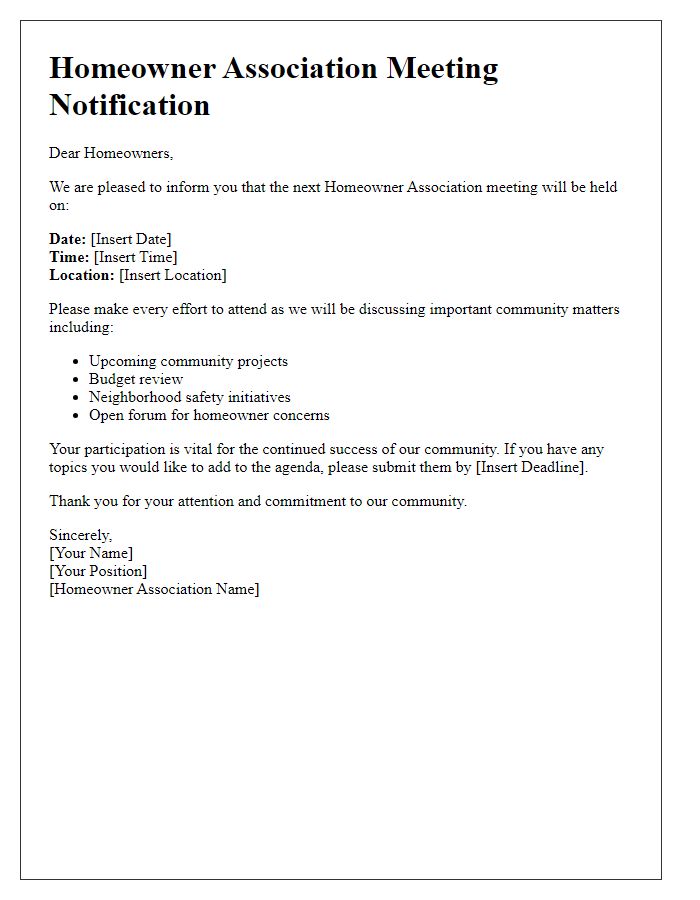 Letter template of Homeowner Association Meeting Notification