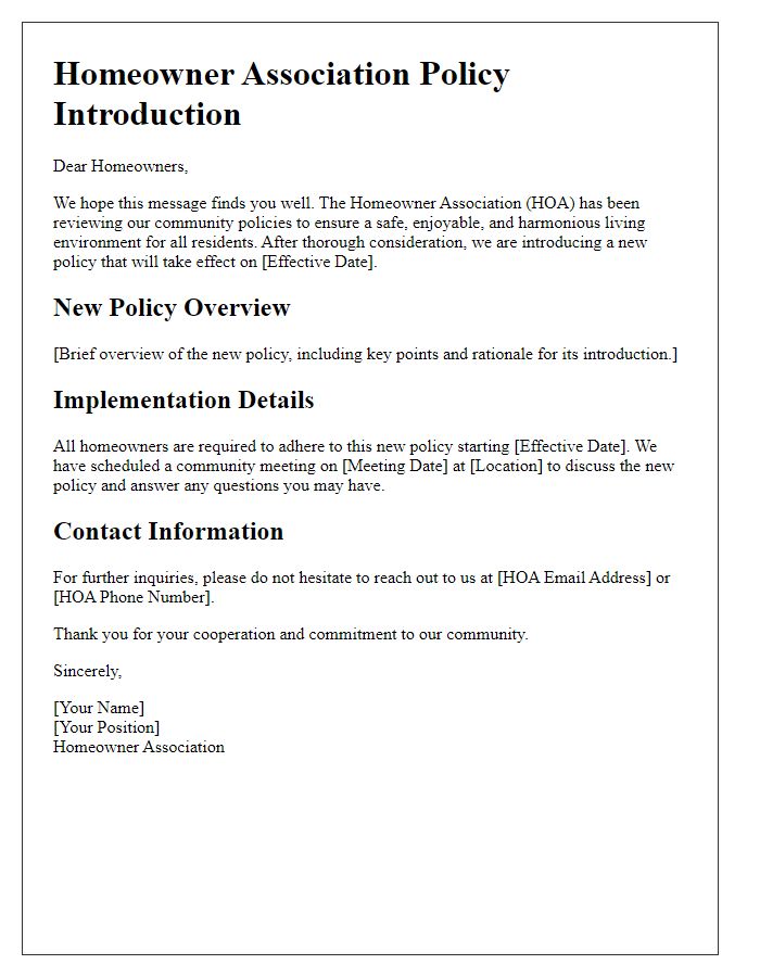 Letter template of Homeowner Association New Policy Introduction