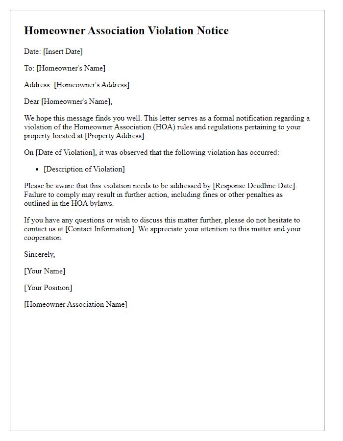 Letter template of Homeowner Association Violation Notice