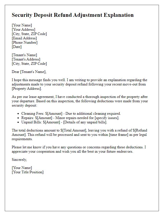 Letter template of security deposit refund adjustment explanation for landlords.