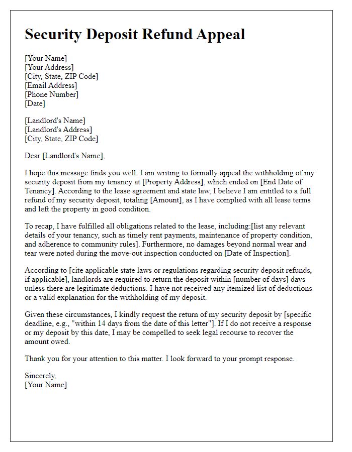 Letter template of security deposit refund appeal for tenants.