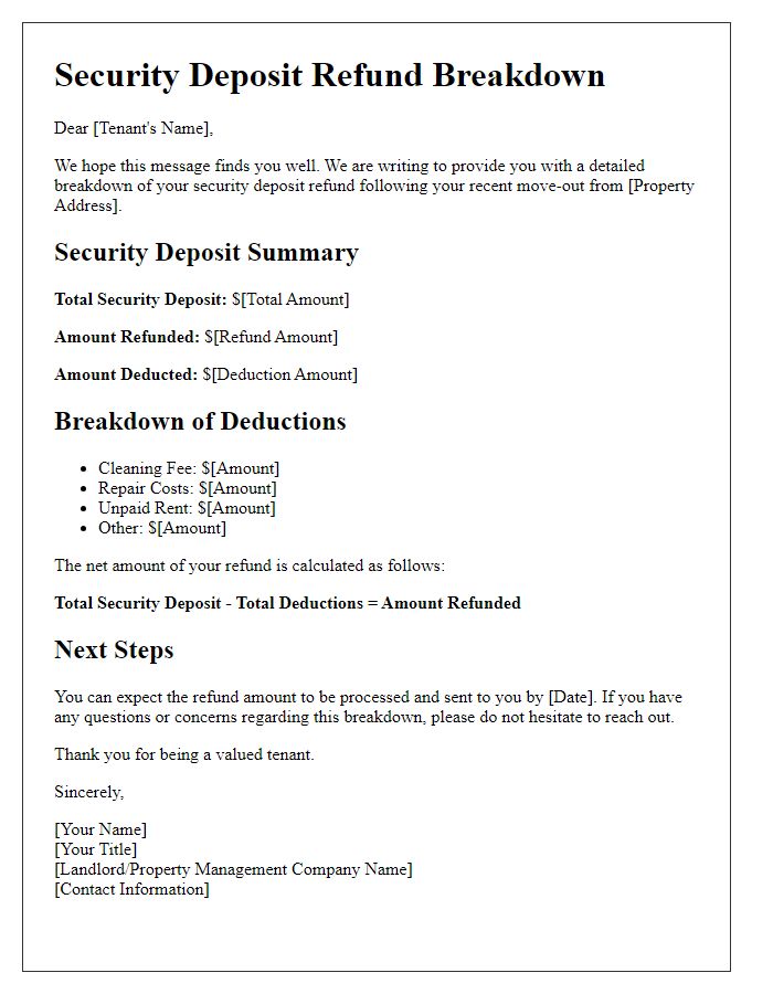 Letter template of security deposit refund breakdown for landlords.