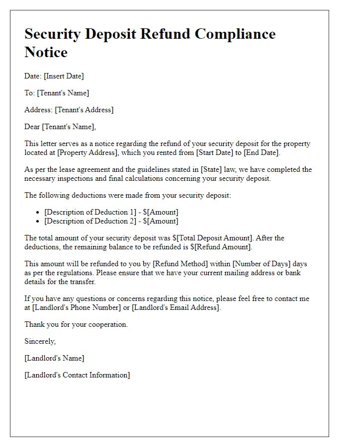 Letter template of security deposit refund compliance notice for landlords.