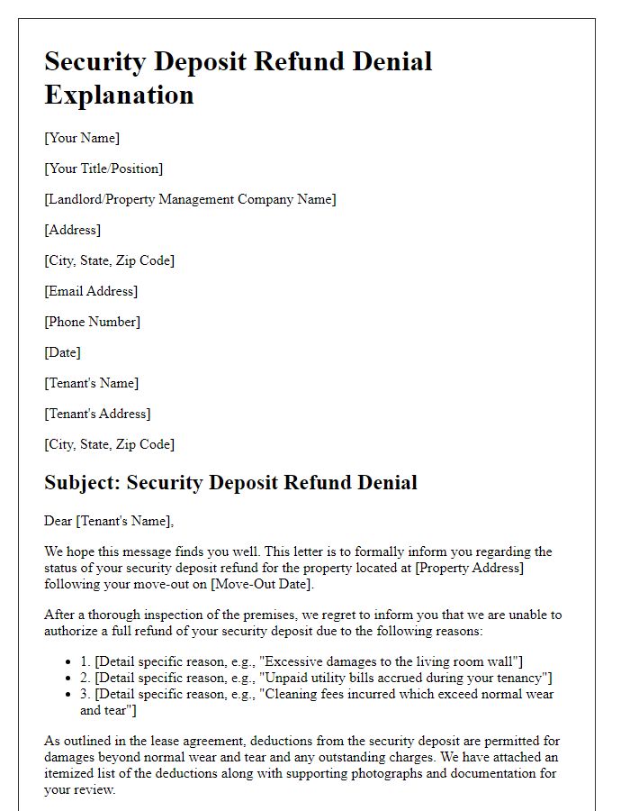 Letter template of security deposit refund denial explanation for tenants.