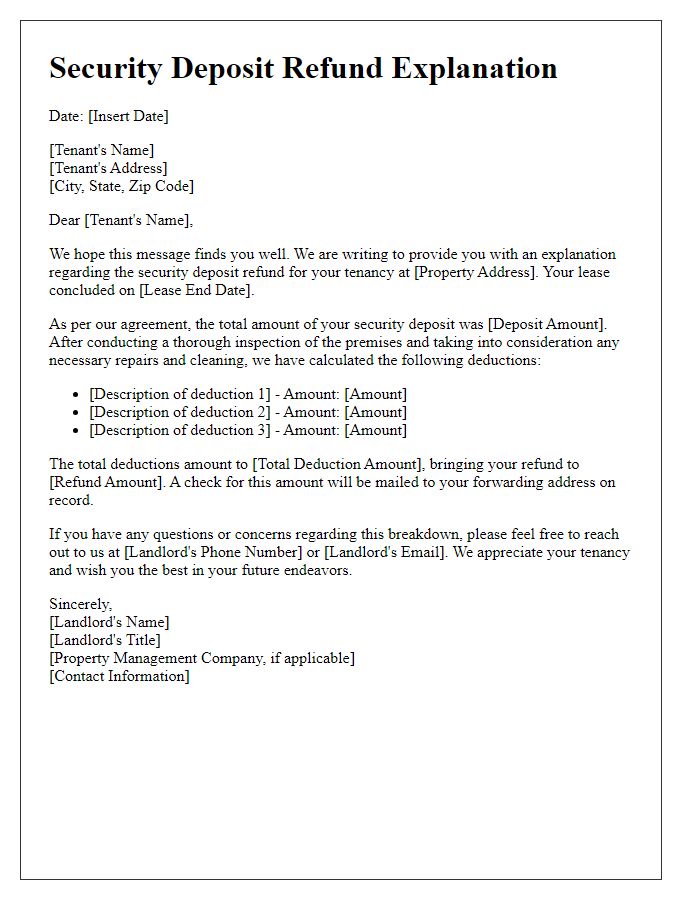 Letter template of security deposit refund explanation for landlords.