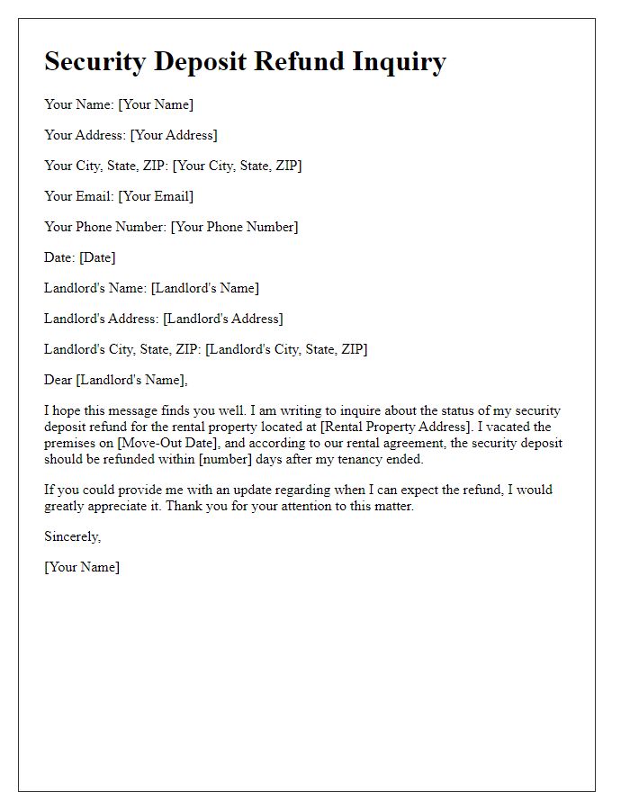 Letter template of security deposit refund inquiry for tenants.