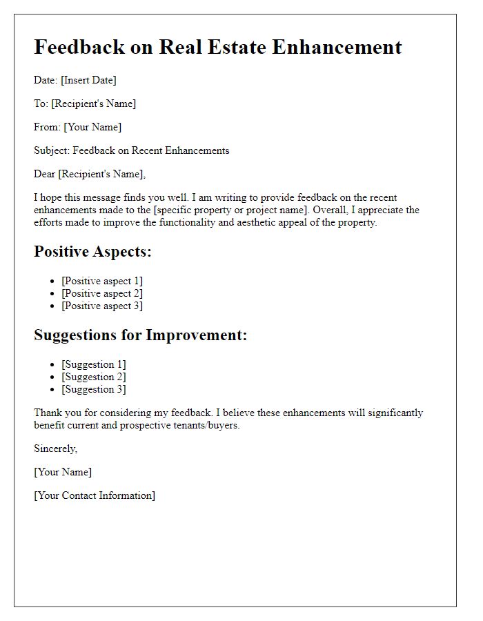 Letter template of real estate enhancement feedback