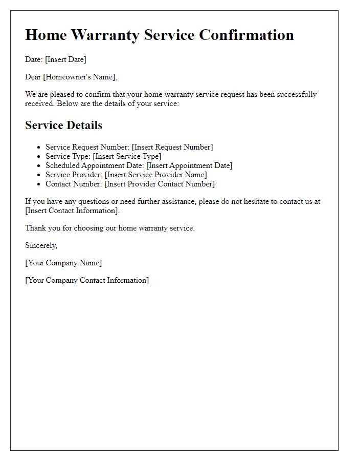 Letter template of home warranty service confirmation