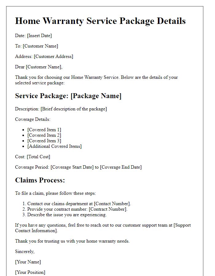 Letter template of home warranty service package details