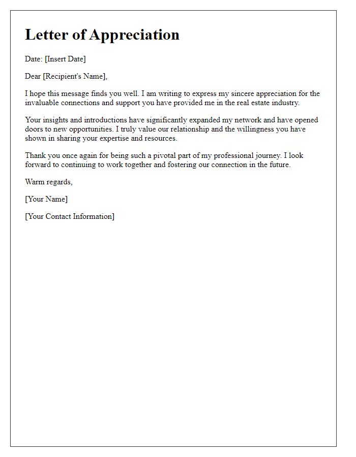 Letter template of appreciation for real estate networking connections