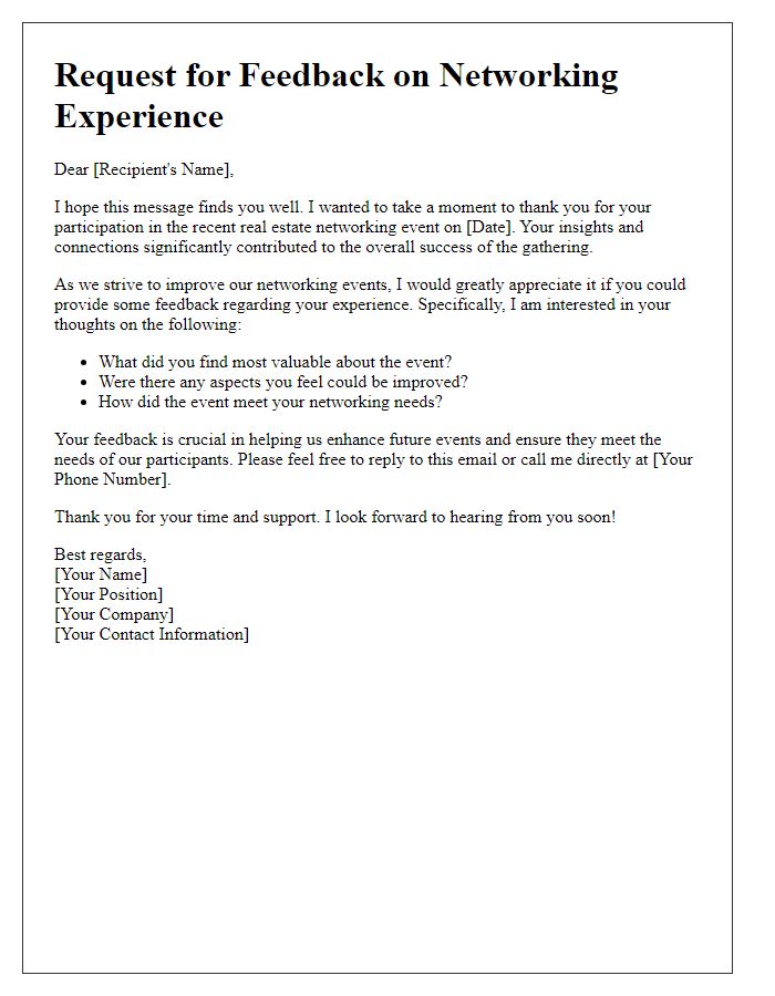 Letter template of feedback request for real estate networking experience