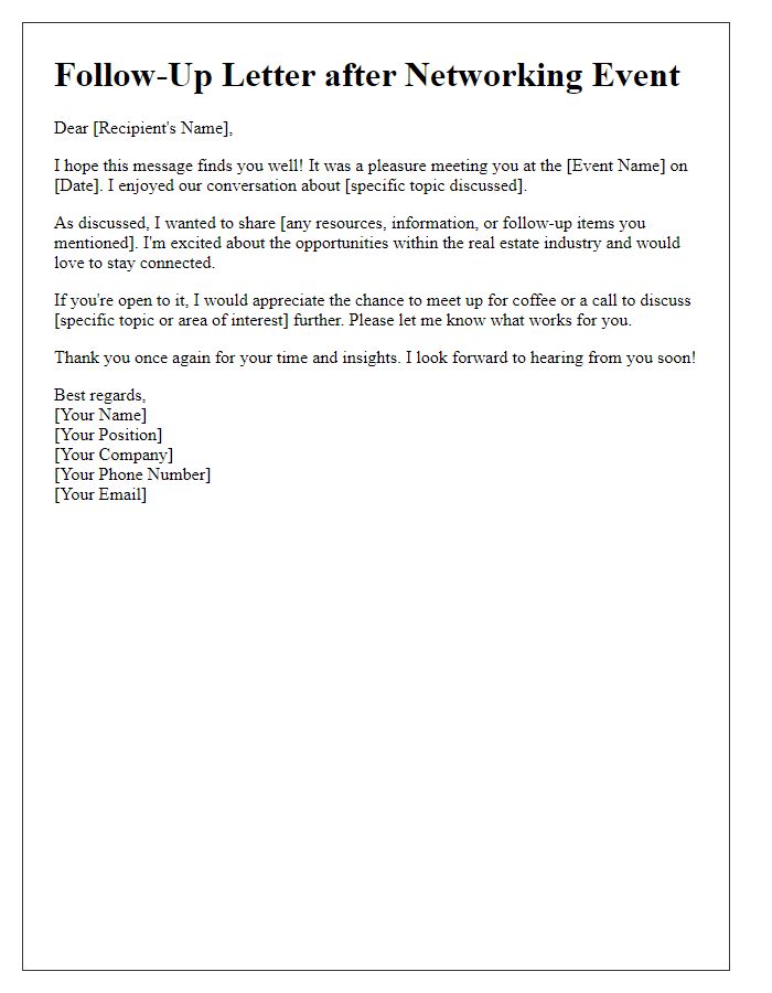 Letter template of follow-up for real estate networking events