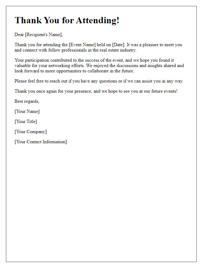 Letter template of thank you for attending a real estate networking event