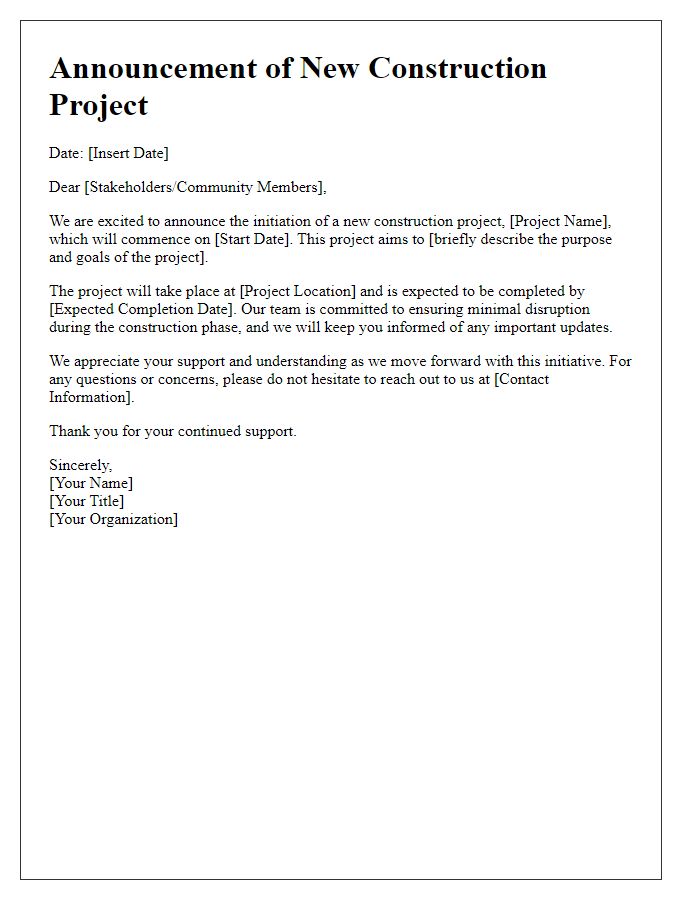 Letter template of announcement for new construction project initiation