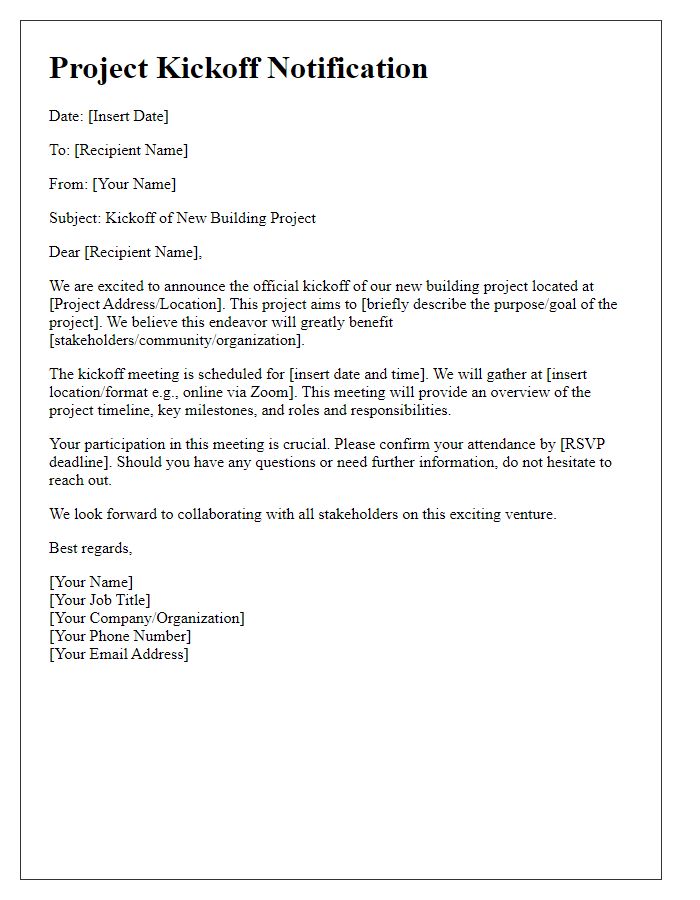 Letter template of communication regarding new building project kickoff