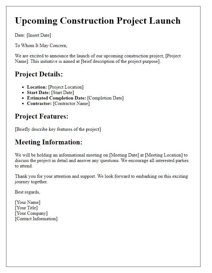 Letter template of details on upcoming construction project launch