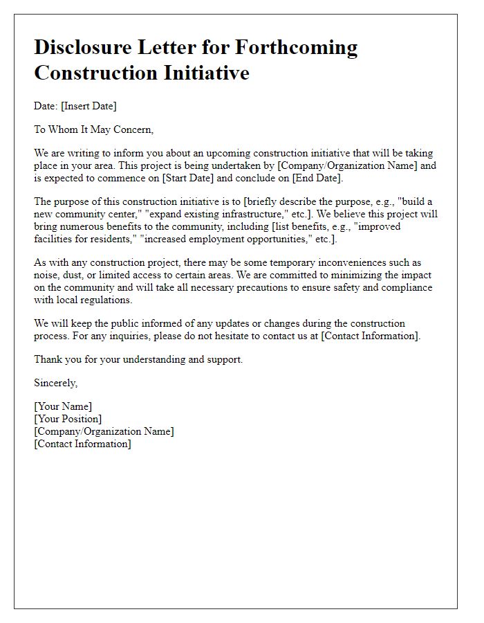 Letter template of disclosure for a forthcoming construction initiative