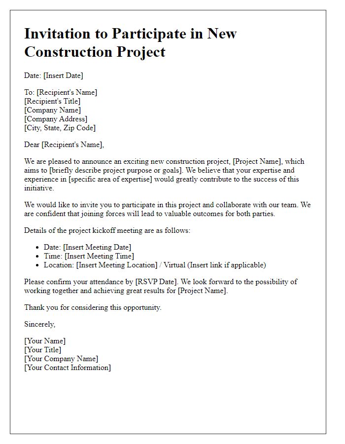 Letter template of invitation to participate in new construction project