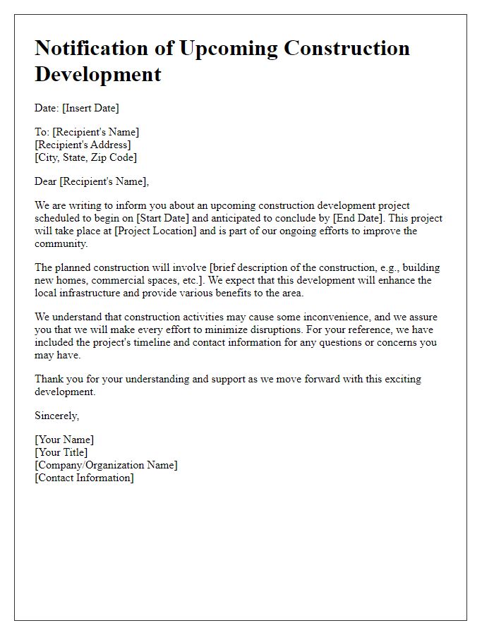 Letter template of notification for upcoming construction development