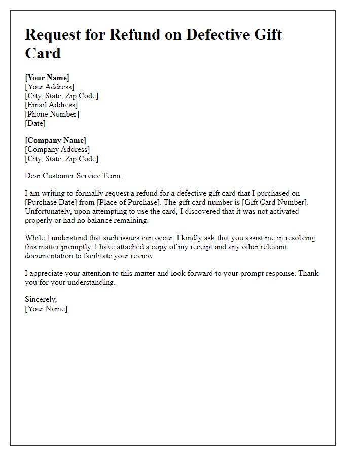 Letter template of appeal for a refund on a defective gift card