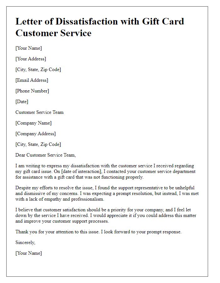 Letter template of dissatisfaction with gift card customer service