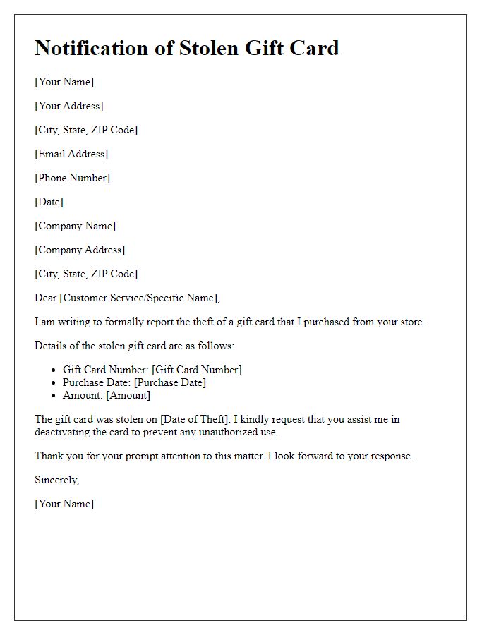 Letter template of notification for stolen gift card