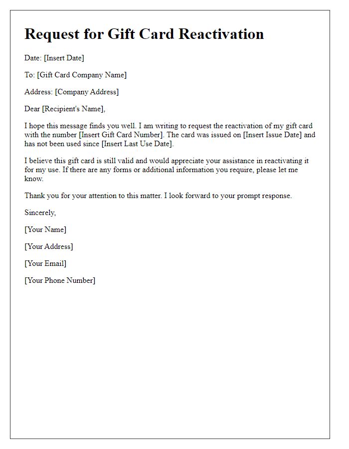 Letter template of request for gift card reactivation