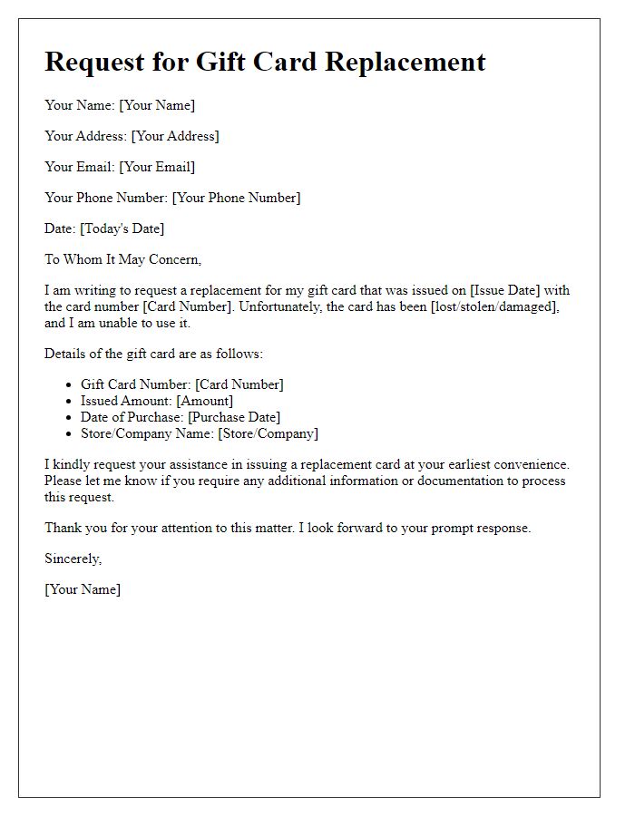 Letter template of request for gift card replacement