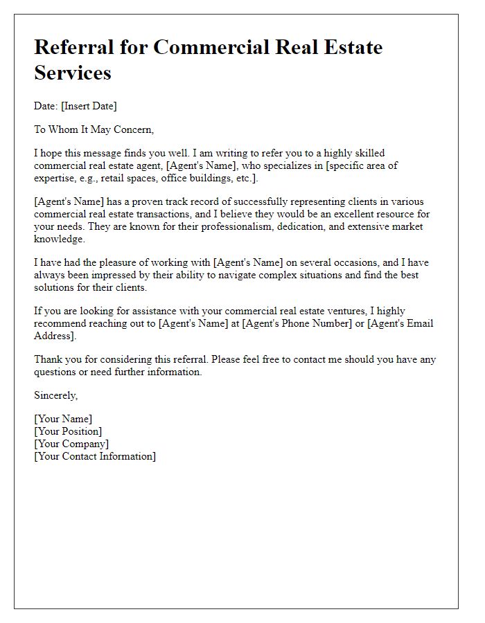 Letter template of real estate agent referral for commercial properties.