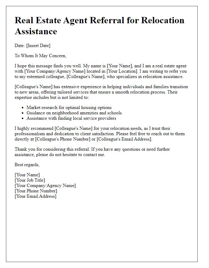 Letter template of real estate agent referral for relocation assistance.