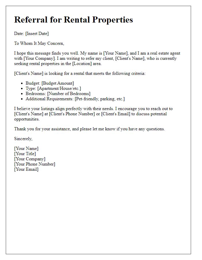 Letter template of real estate agent referral for rental properties.