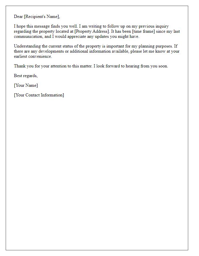 Letter template of property inquiry reminder requesting updates.