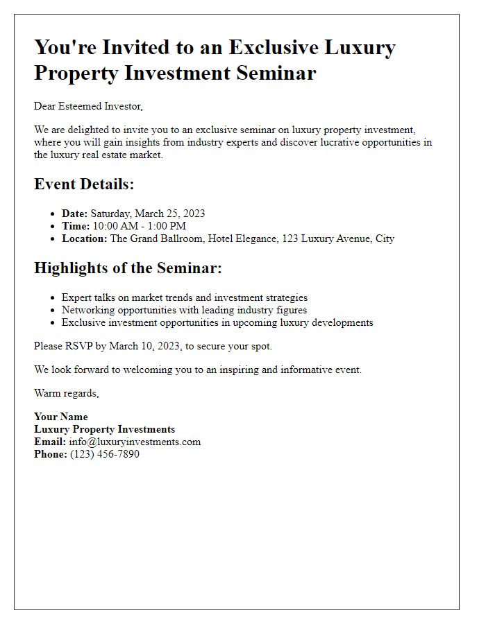 Letter template of luxury property investment seminar invitation