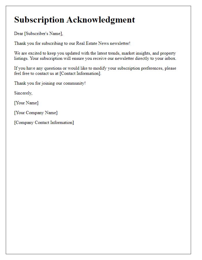 Letter template of Real Estate News Subscription Acknowledgment