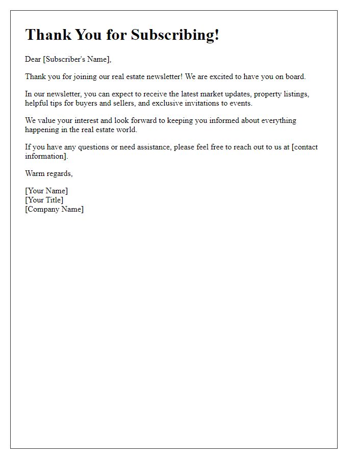 Letter template of Thank You for Joining Our Real Estate Newsletter