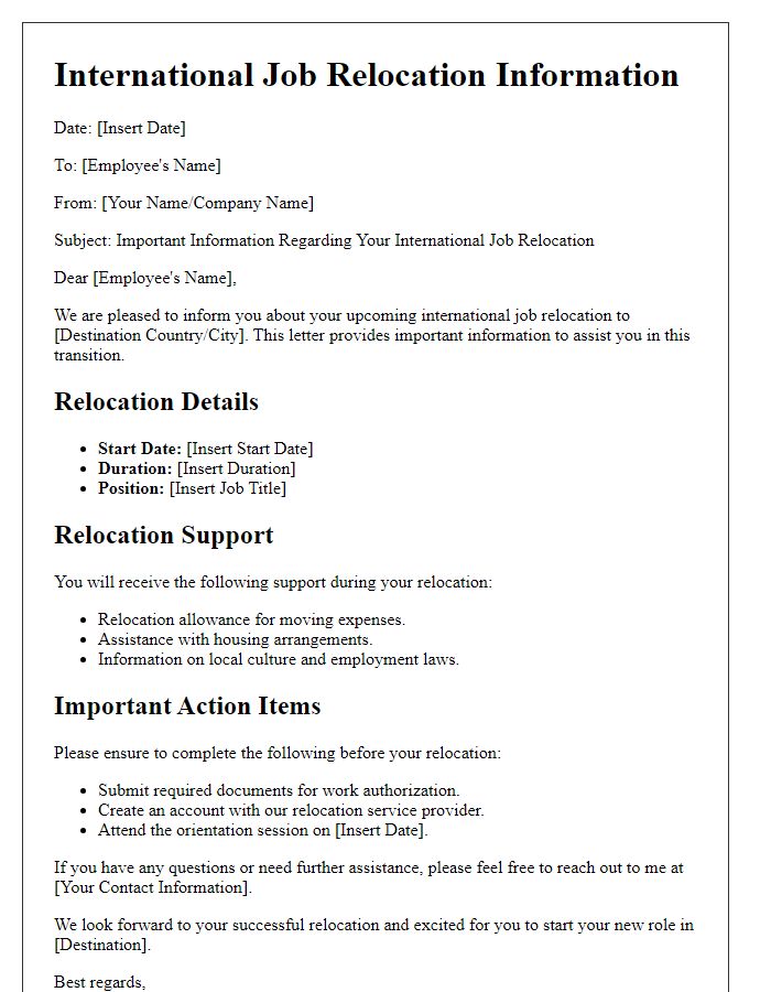 Letter template of information for international job relocation.