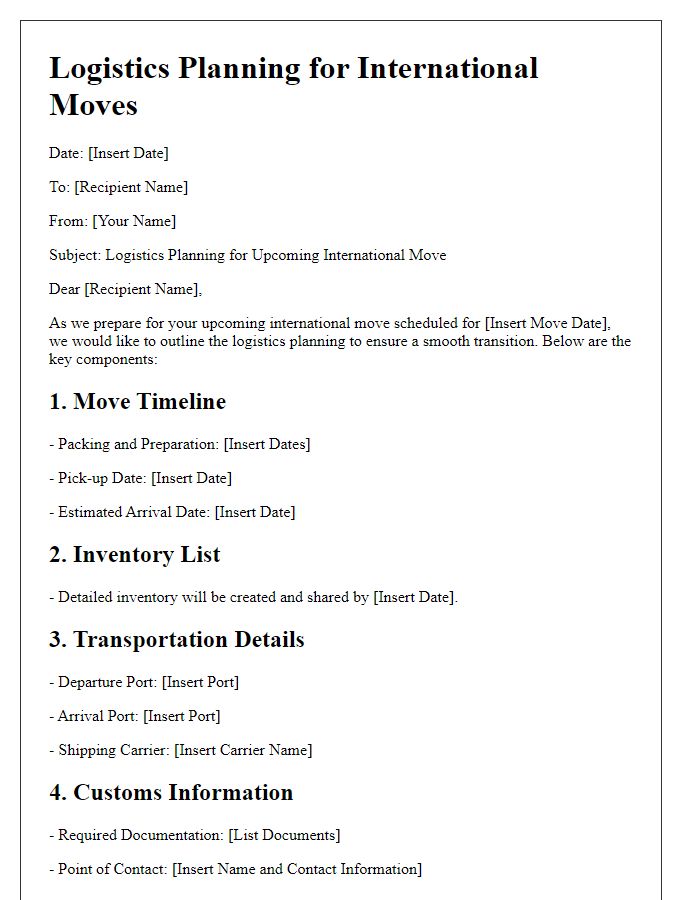 Letter template of logistics planning for international moves.