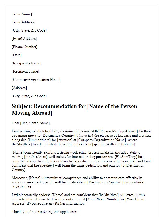 Letter template of recommendations for moving abroad.