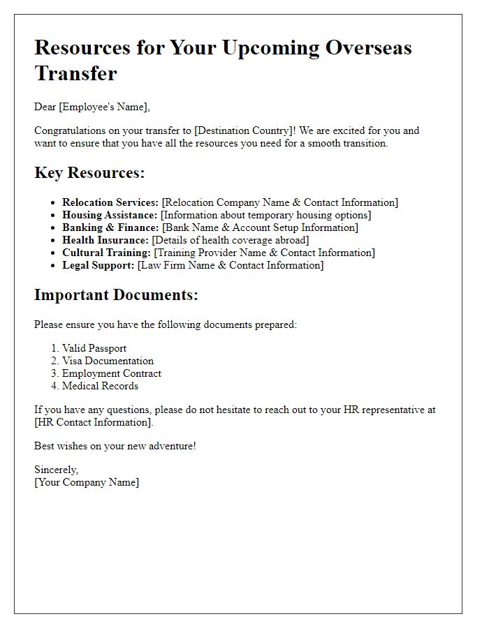 Letter template of resources for overseas employee transfers.