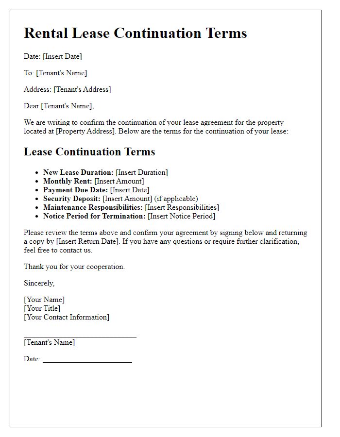 Letter template of rental lease continuation terms