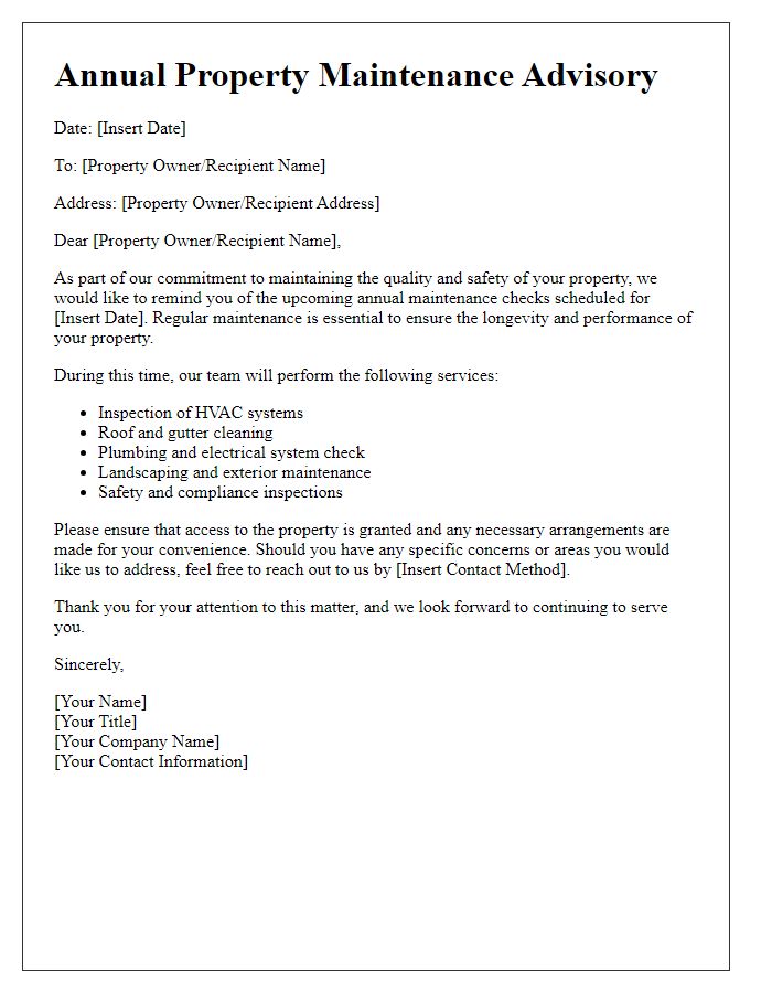 Letter template of annual property maintenance advisory