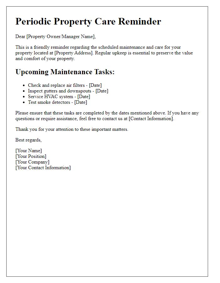 Letter template of periodic property care reminder