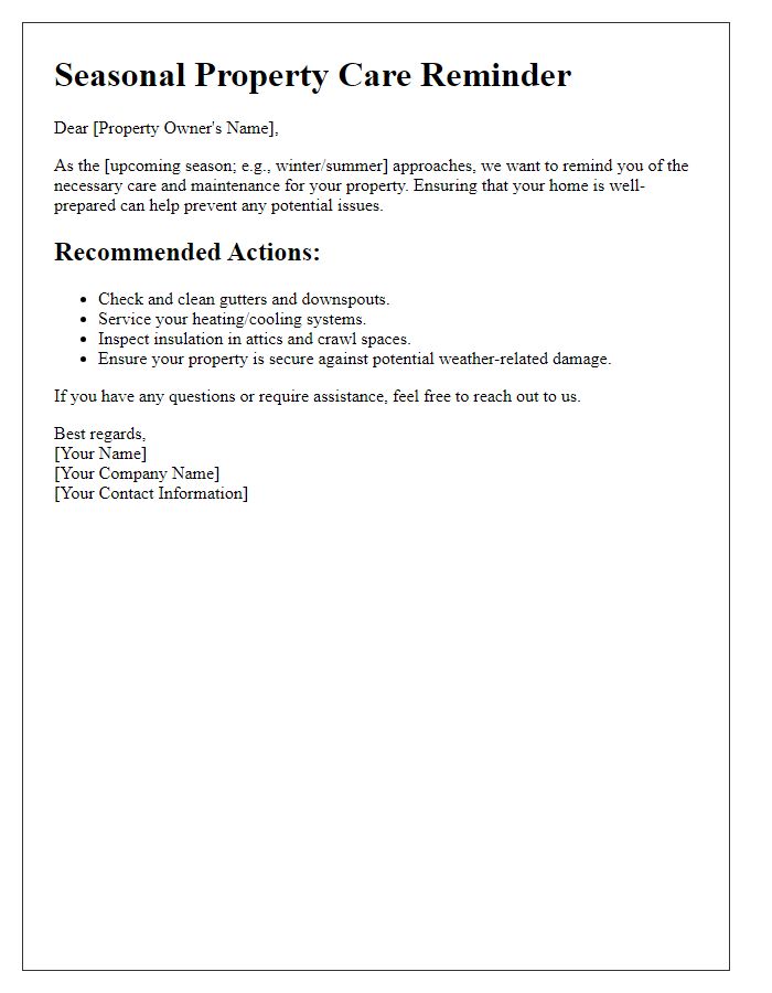 Letter template of property seasonal care reminder