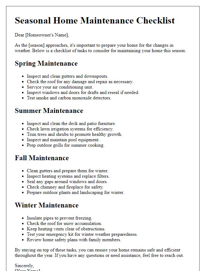 Letter template of seasonal home maintenance guidance