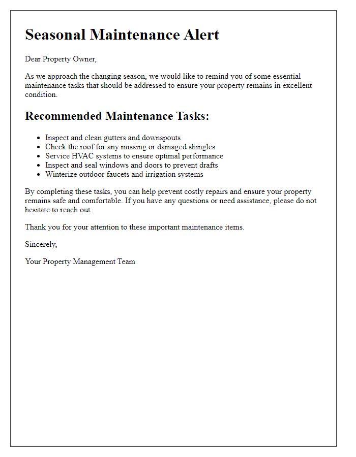 Letter template of seasonal maintenance alert for property owners