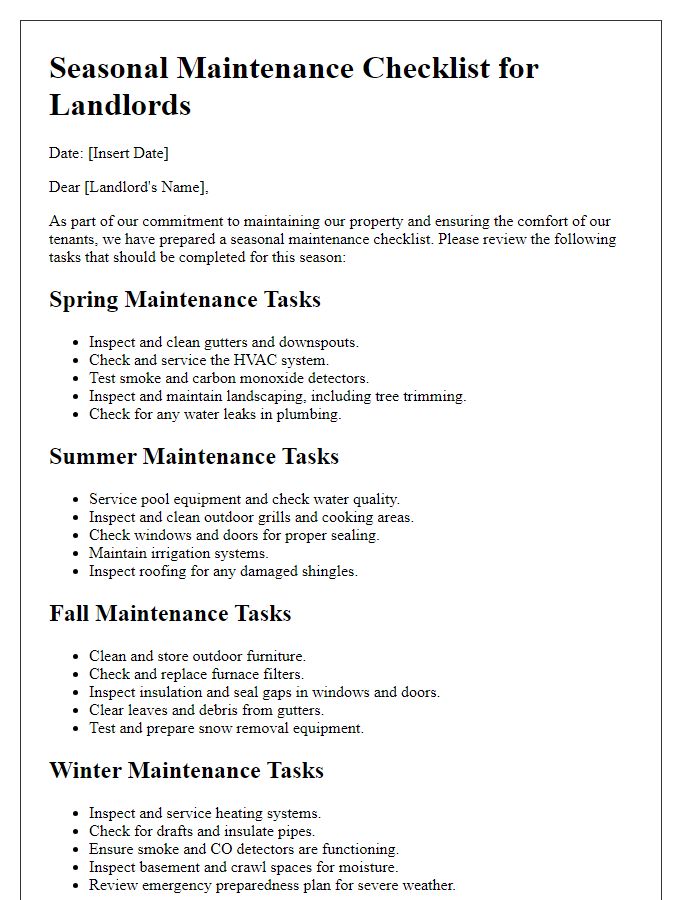 Letter template of seasonal maintenance checklist for landlords