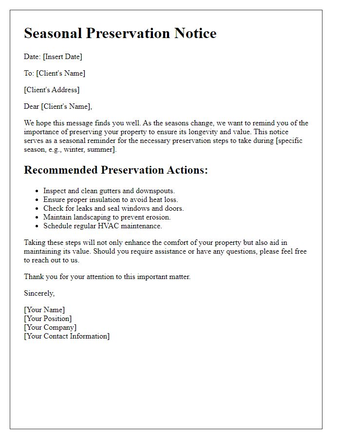 Letter template of seasonal preservation notice for real estate