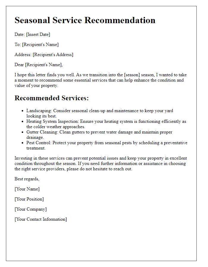 Letter template of seasonal service recommendation for properties