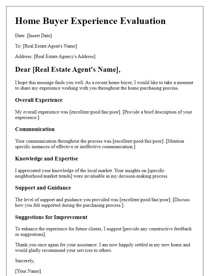 Letter template of home buyer experience evaluation