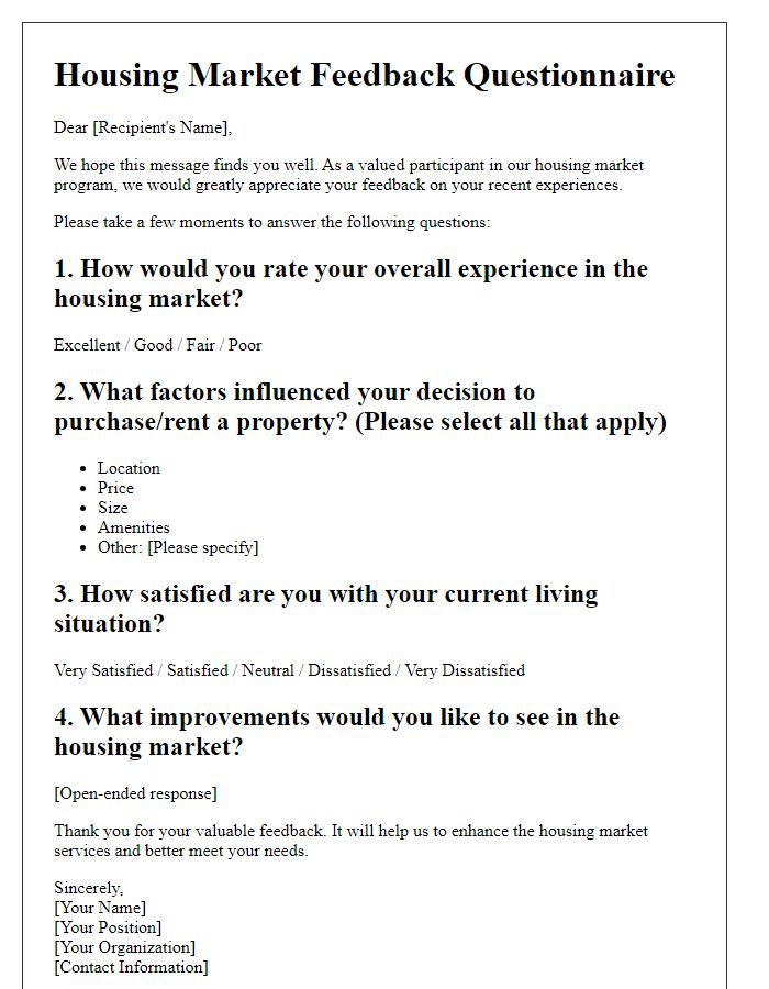 Letter template of housing market feedback questionnaire